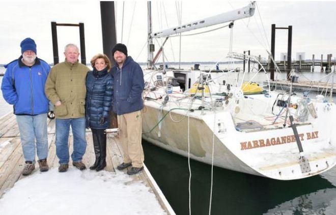 Len and Jill Hubbard of Jamestown, center, stand Saturday with Reg and Jason McGlashan of Australia next to Sedona at Conanicut Marina in Jamestown - The Newport Daily News © Dave Hansen